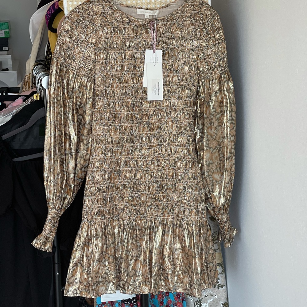 Loveshackfancy metallic long sleeve dress xs